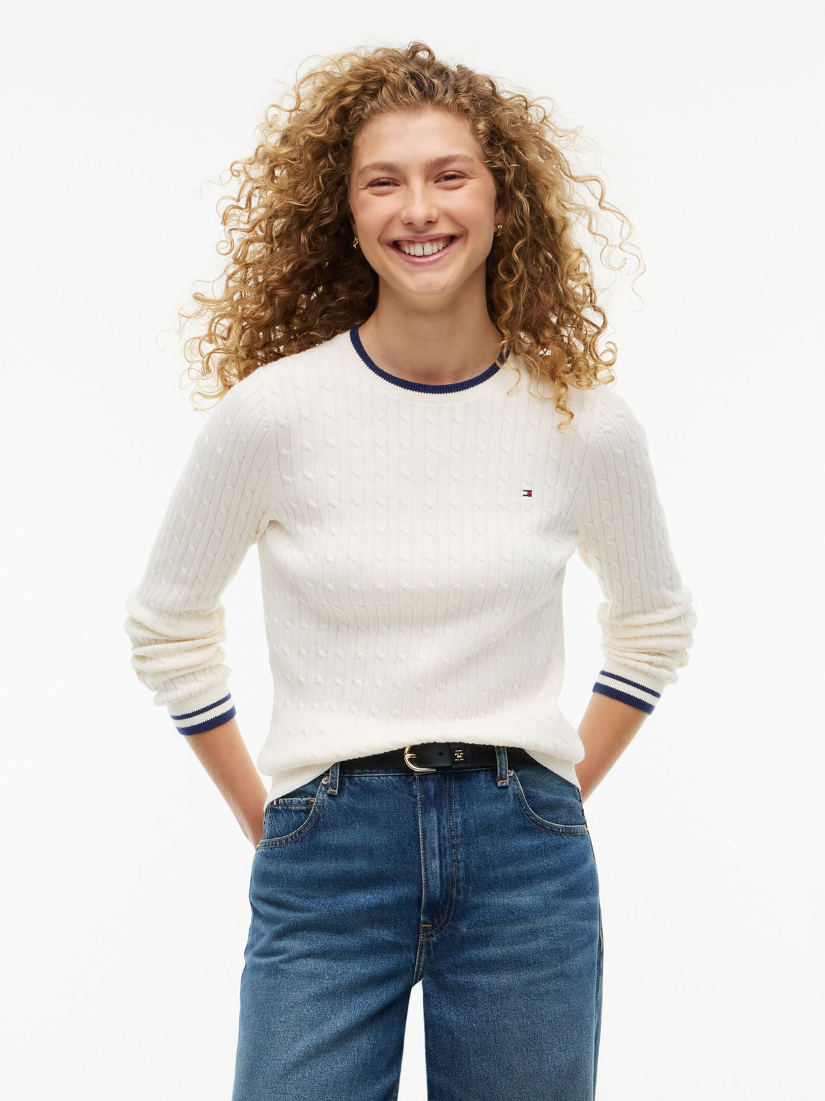 Tommy Hilfiger Cable Knit Tipped Crewneck Sweater