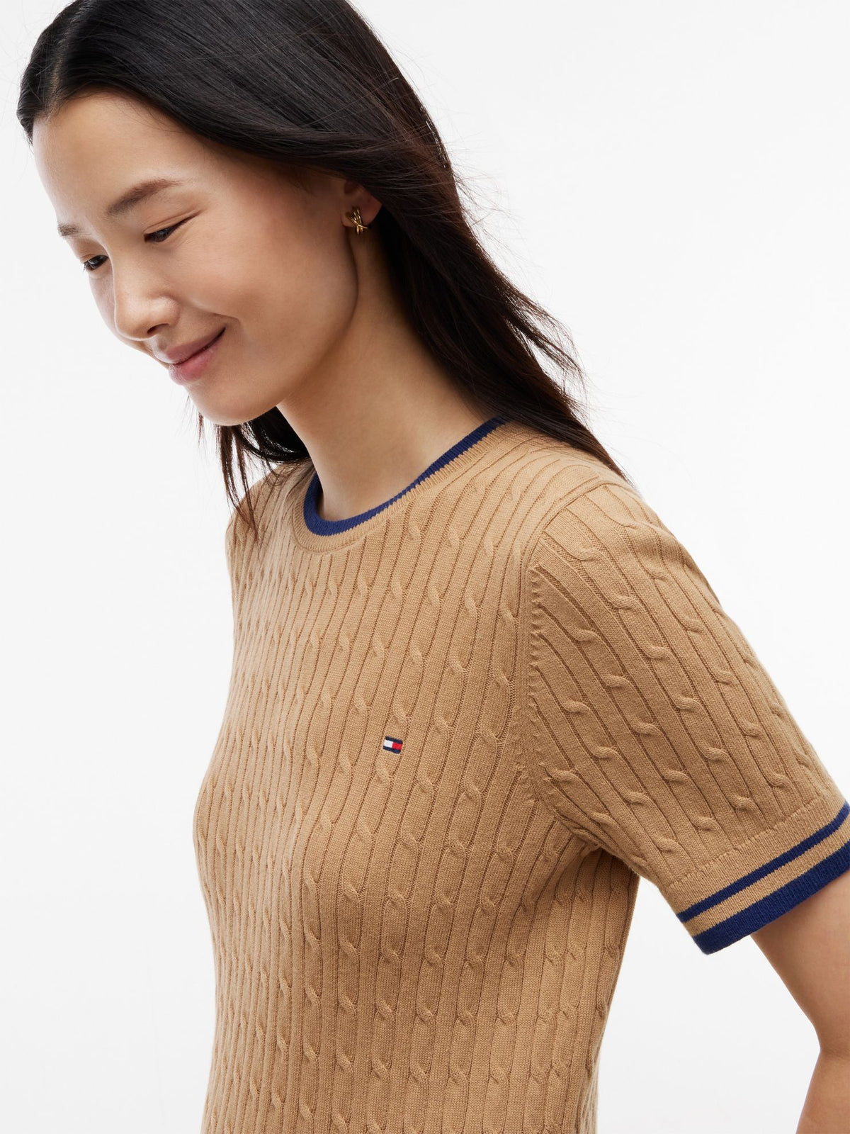 Tommy Hilfiger Short-Sleeve Cable Knit Tipped Sweater