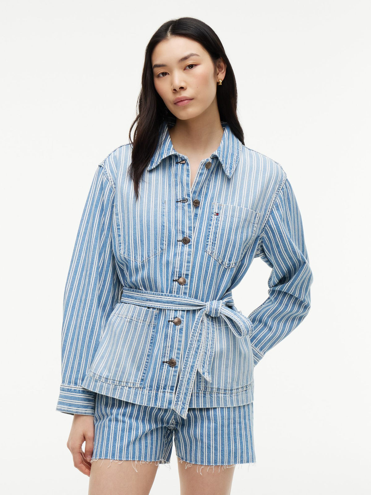 Tommy Hilfiger Railroad Stripe Belted Denim Jacket