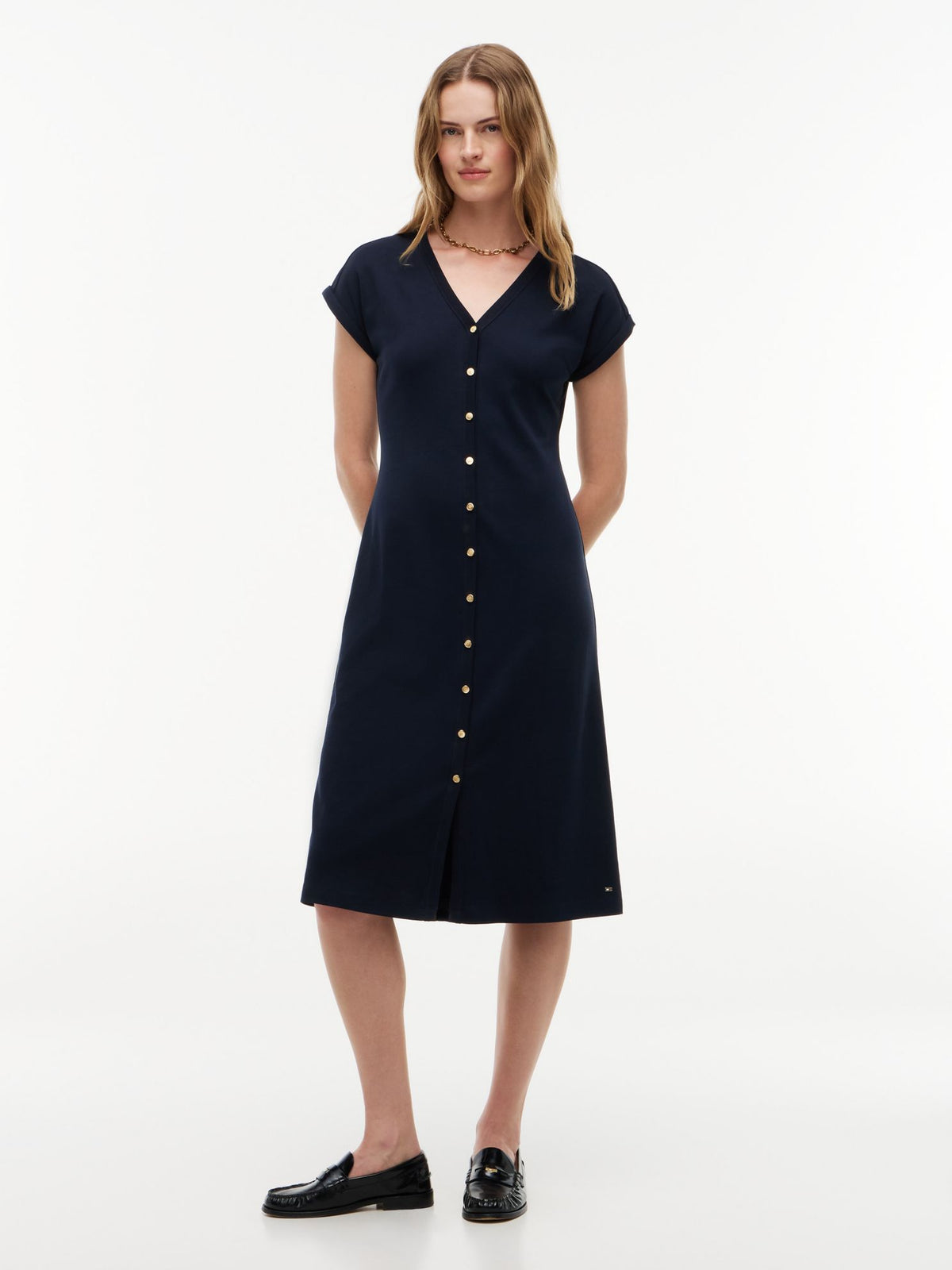 Tommy Hilfiger Gold-Button Interlock Midi Dress
