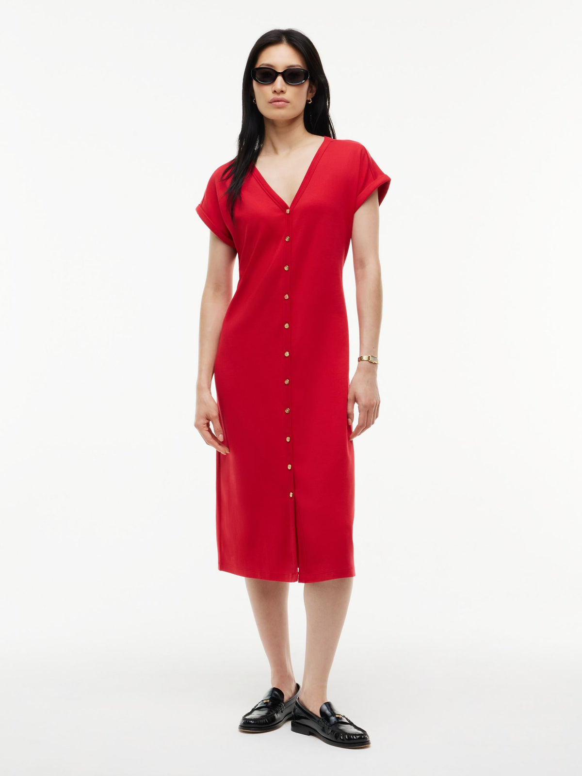 Tommy Hilfiger Gold-Button Interlock Midi Dress