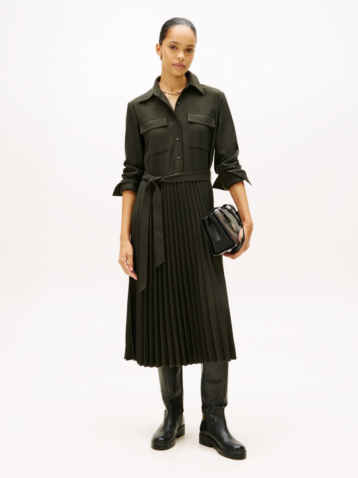 Tommy Hilfiger Belted Pleated Twill Shirtdress