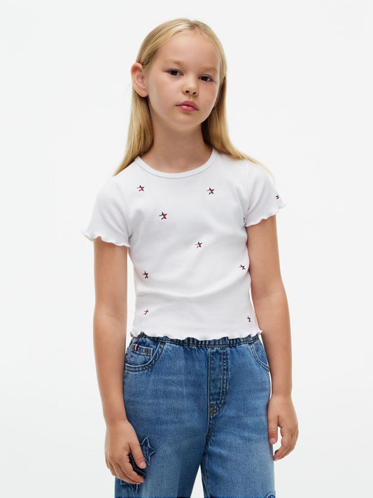 Tommy Hilfiger Kids' Star Logo Ribbed Lettuce-Trim Top