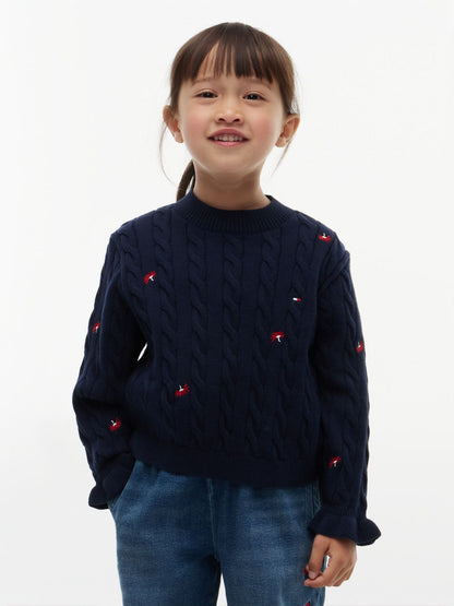 Tommy Hilfiger Kids' Flower Motif Cable Knit Sweater